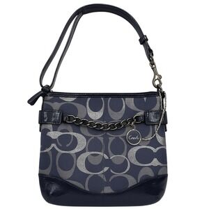 Auth. Coach F19820 Tote Bag Navy Moto Optic Metallic Chain Jacquard Leather Trim